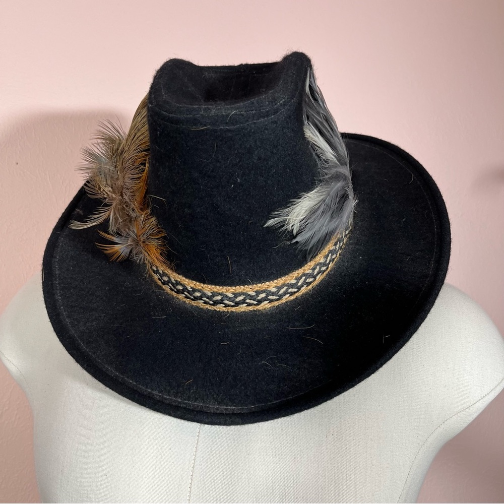 Vintage Black Felt Double Feather Western Cowboy Hat eclectic grandpa festival - Picture 13 of 17